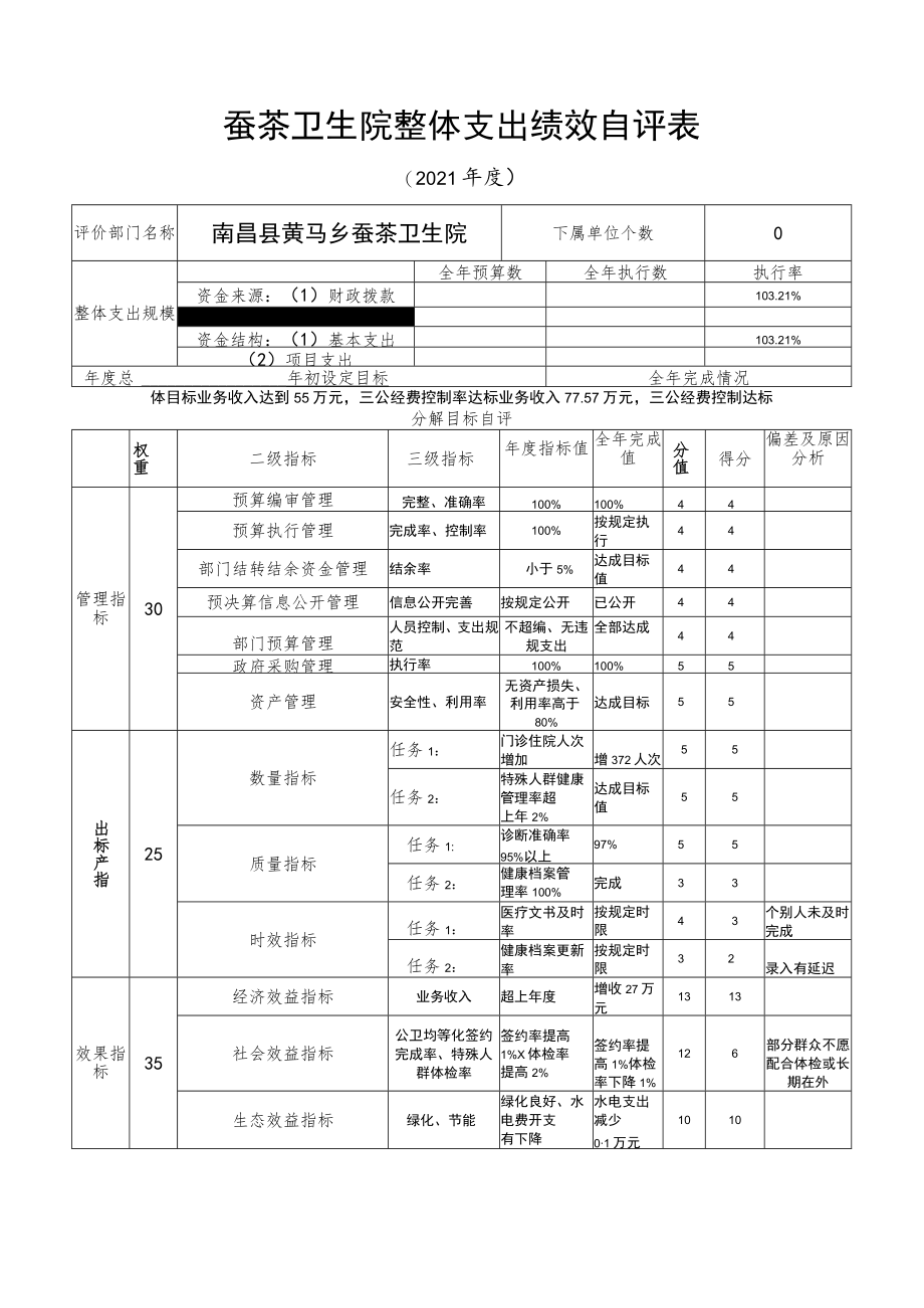 蚕茶卫生院整体支出绩效自评表.docx_第1页