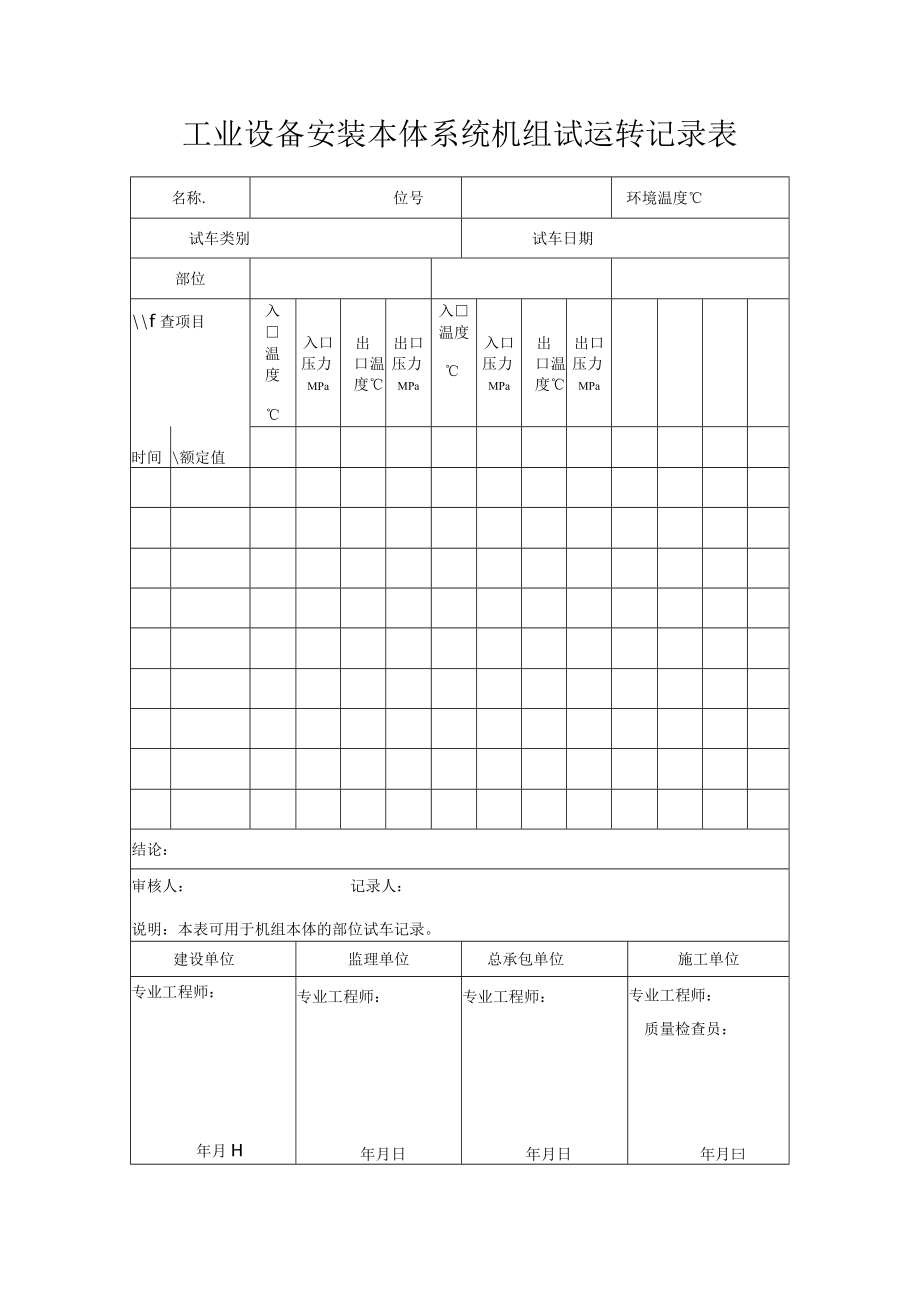 工业设备安装本体系统机组试运转记录表.docx_第1页