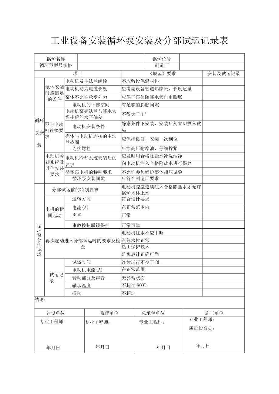 工业设备安装循环泵安装及分部试运记录表.docx_第1页