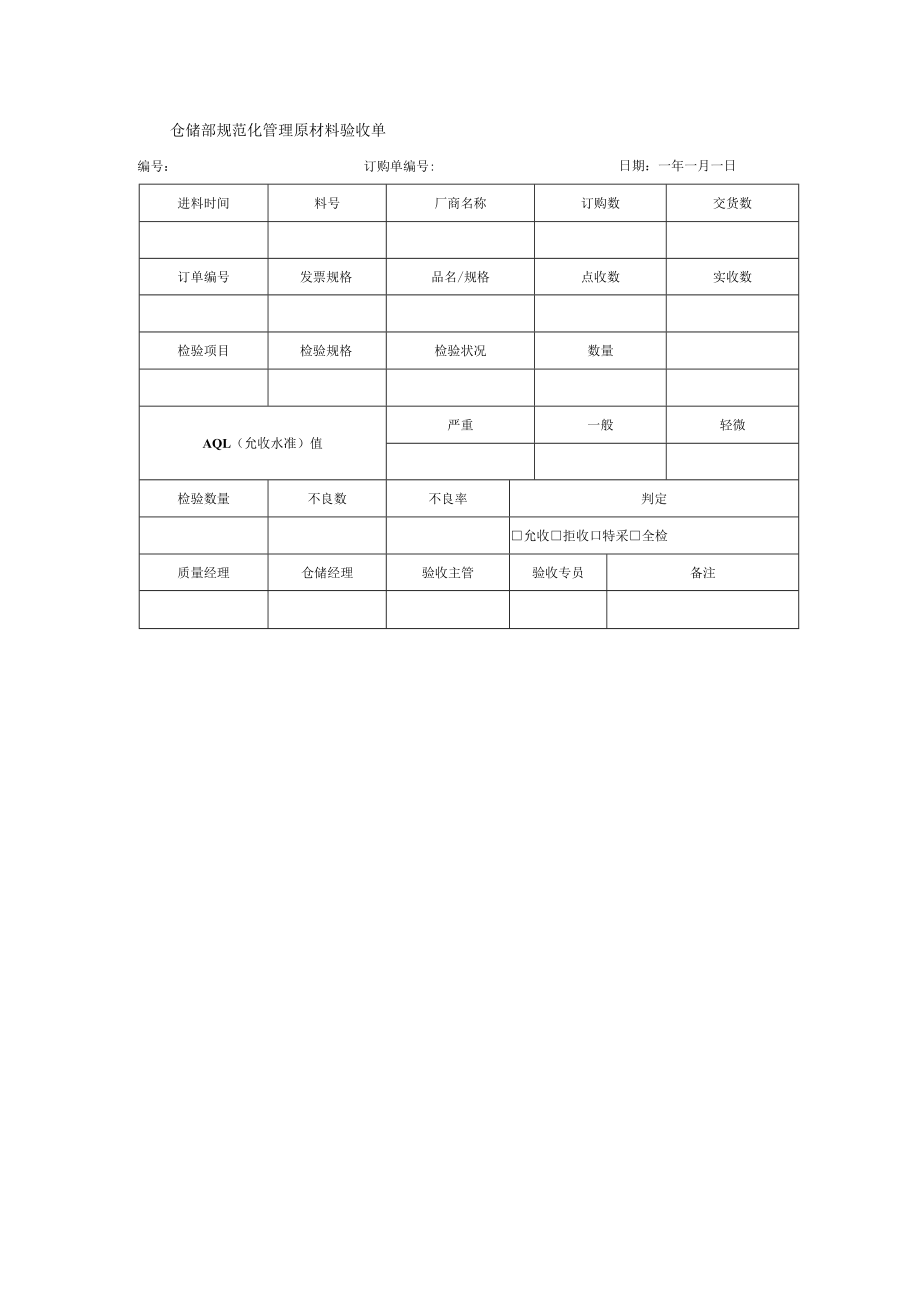 仓储部规范化管理原材料验收单.docx_第1页