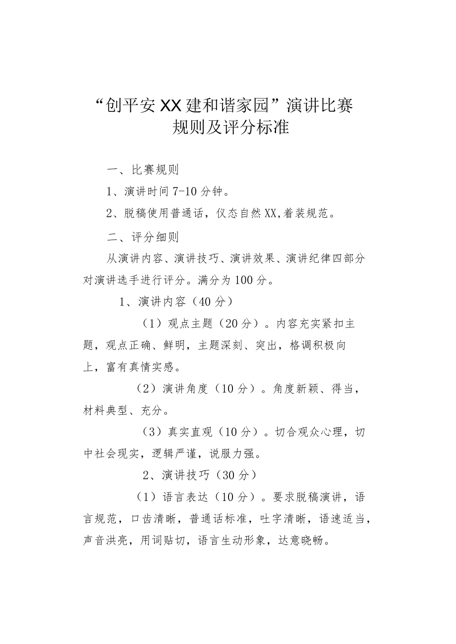 “创平安XX 建和谐家园”演讲比赛规则及评分标准.docx_第1页