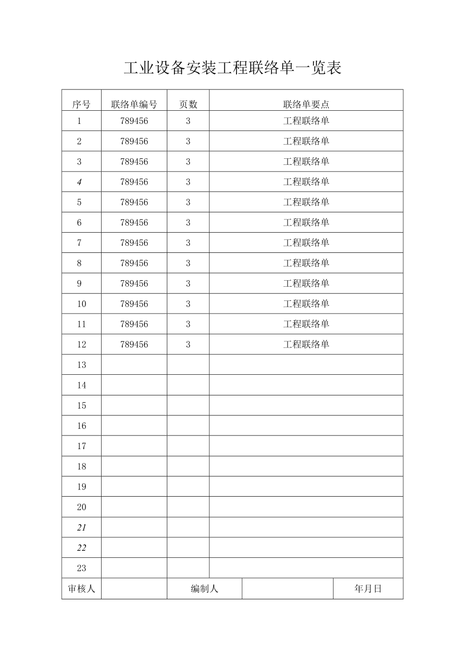 工业设备安装工程联络单一览表.docx_第1页