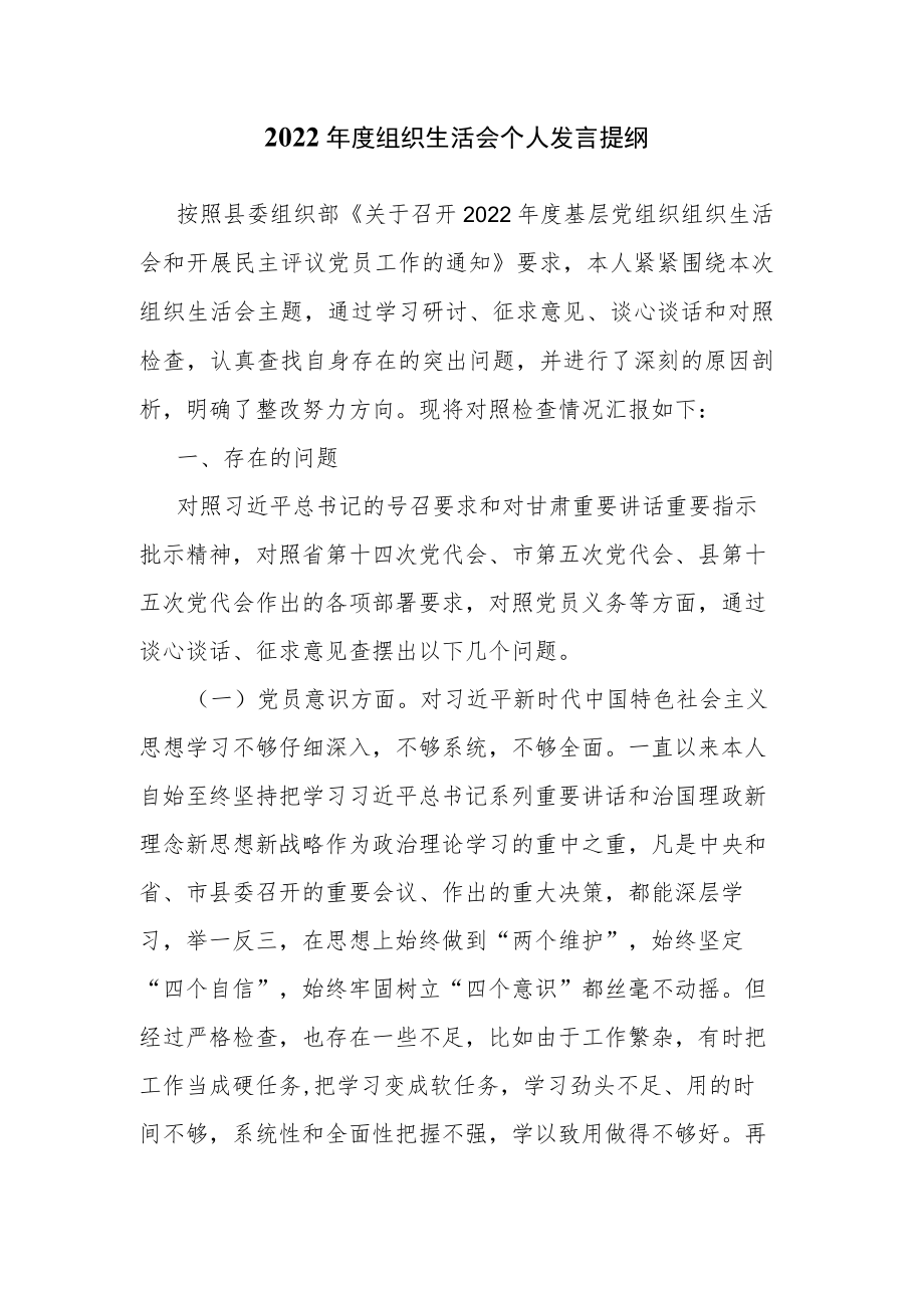 2022年度组织生活会个人发言提纲.docx_第1页