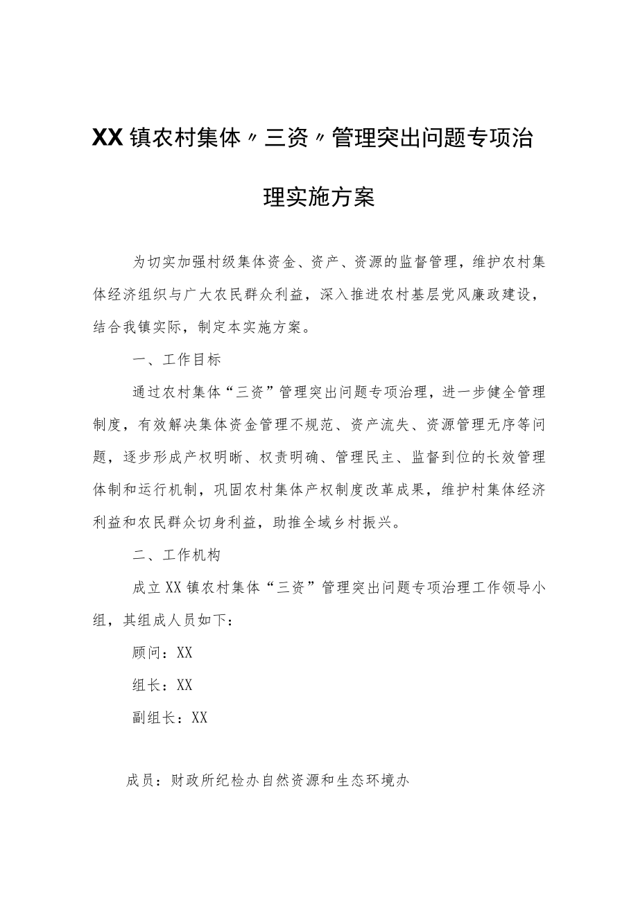 XX镇农村集体“三资”管理突出问题专项治理实施方案.docx_第1页