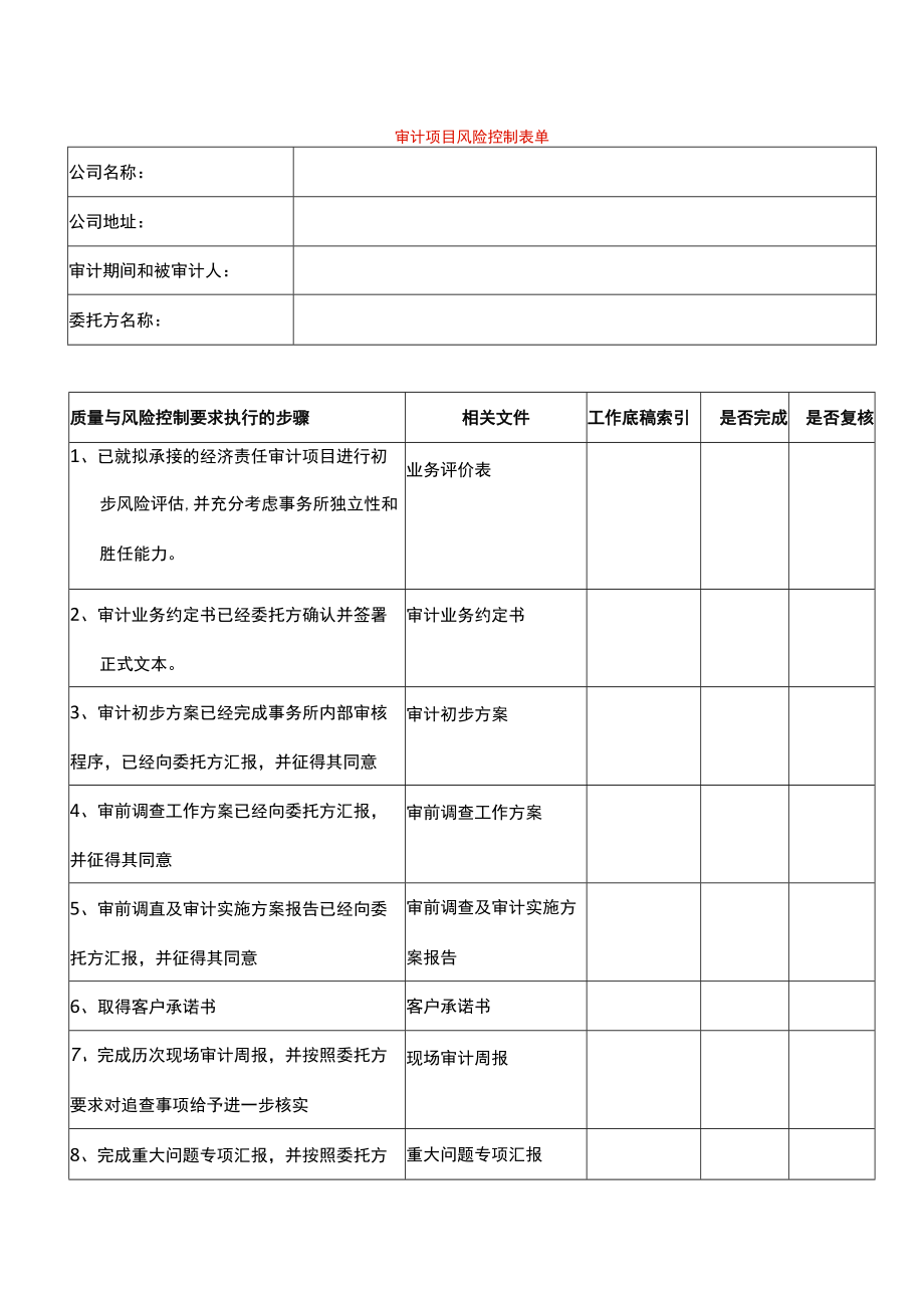 某集团经济责任审计项目审计控制表.docx_第1页