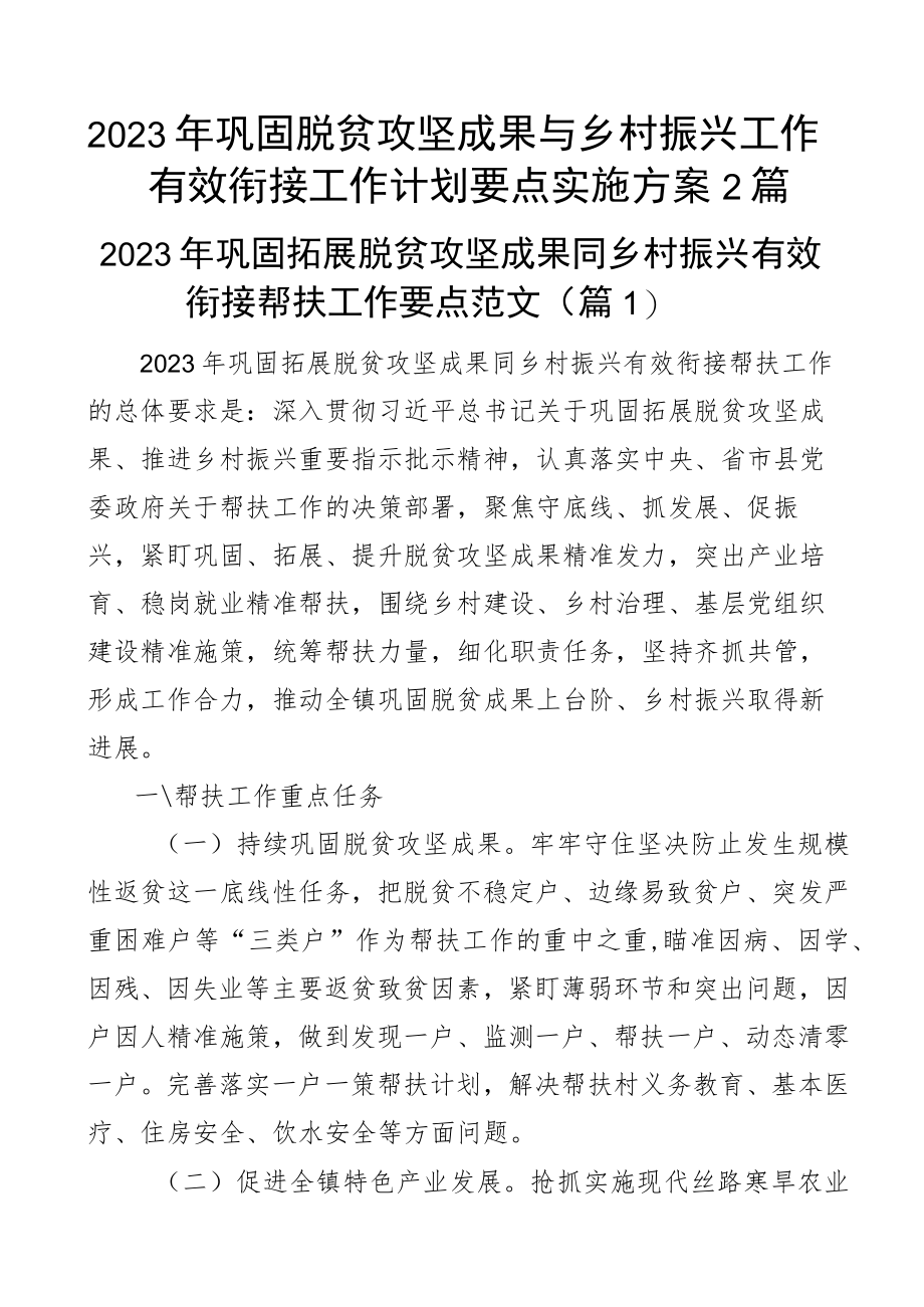 2023年巩固脱贫攻坚成果与乡村振兴工作有效衔接工作计划要点实施方案2篇.docx_第1页