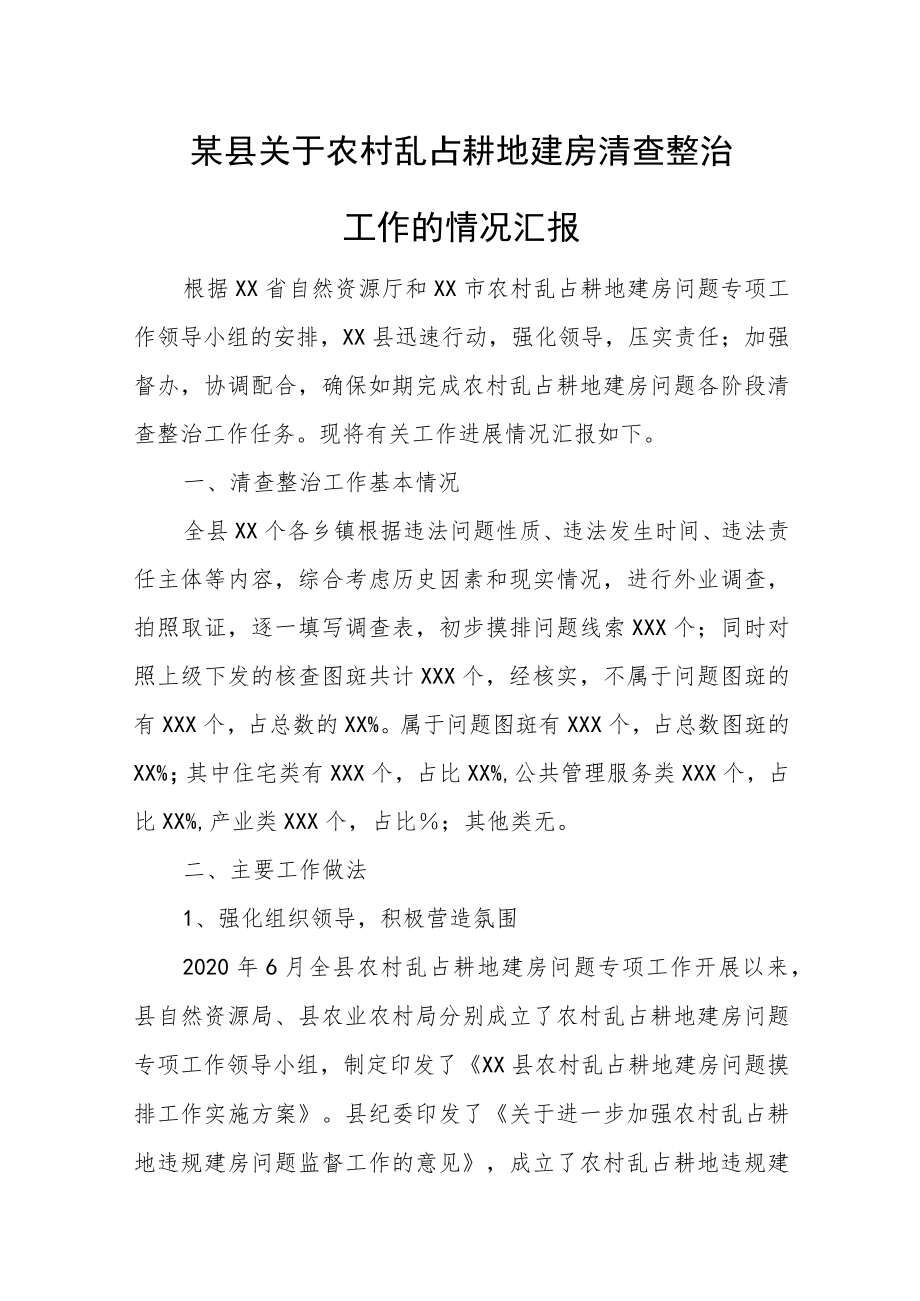 某县关于农村乱占耕地建房清查整治工作的情况汇报.docx_第1页