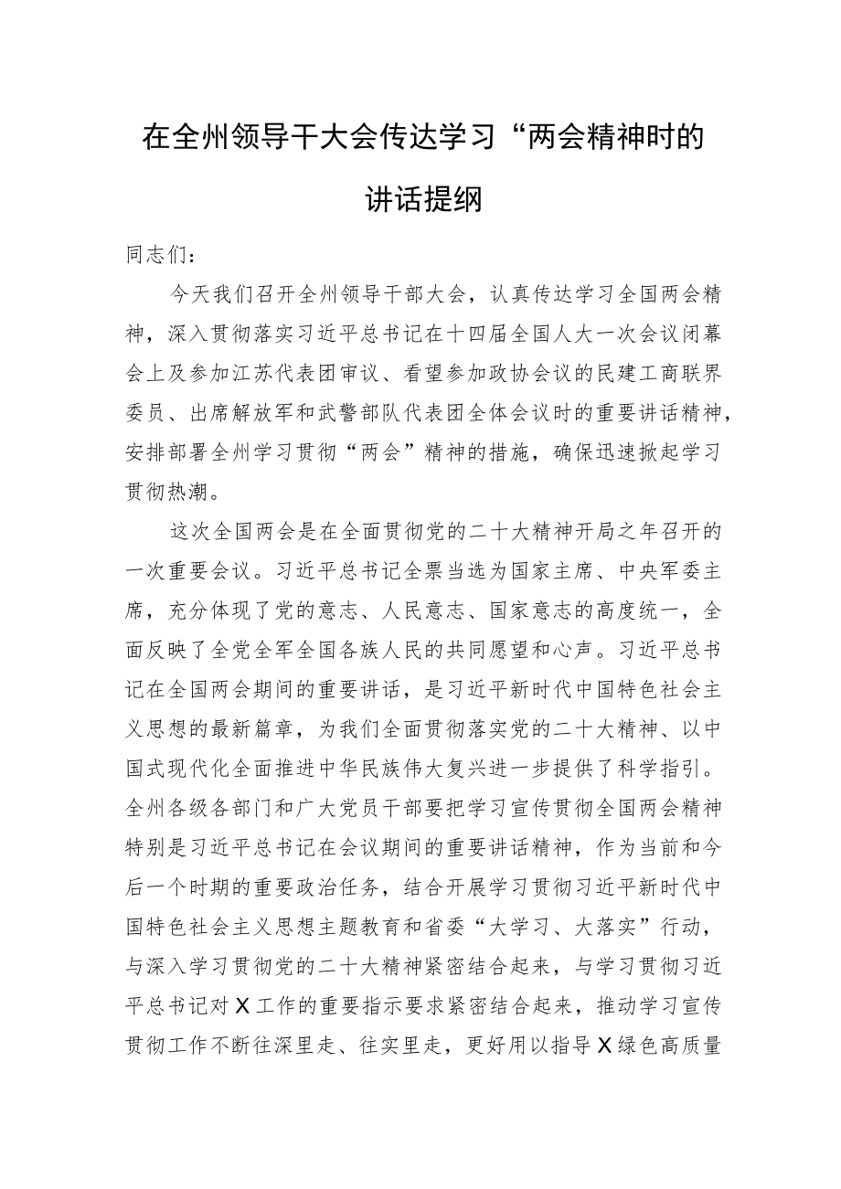 在全州领导干大会传达学习“两会”精神时的讲话提纲.docx_第1页