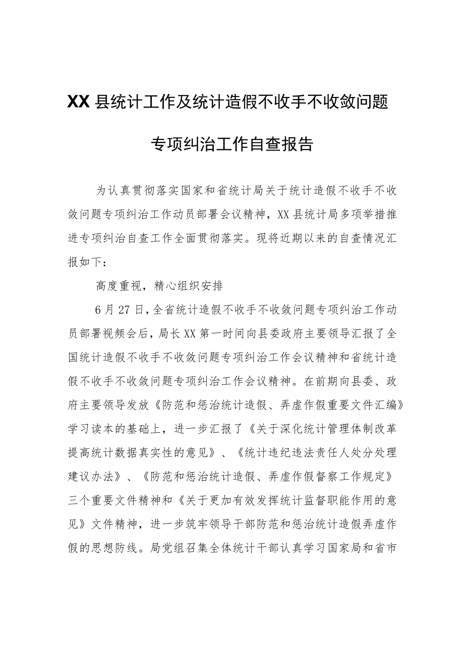 XX县统计工作及统计造假不收手不收敛问题专项纠治工作自查报告.docx_第1页