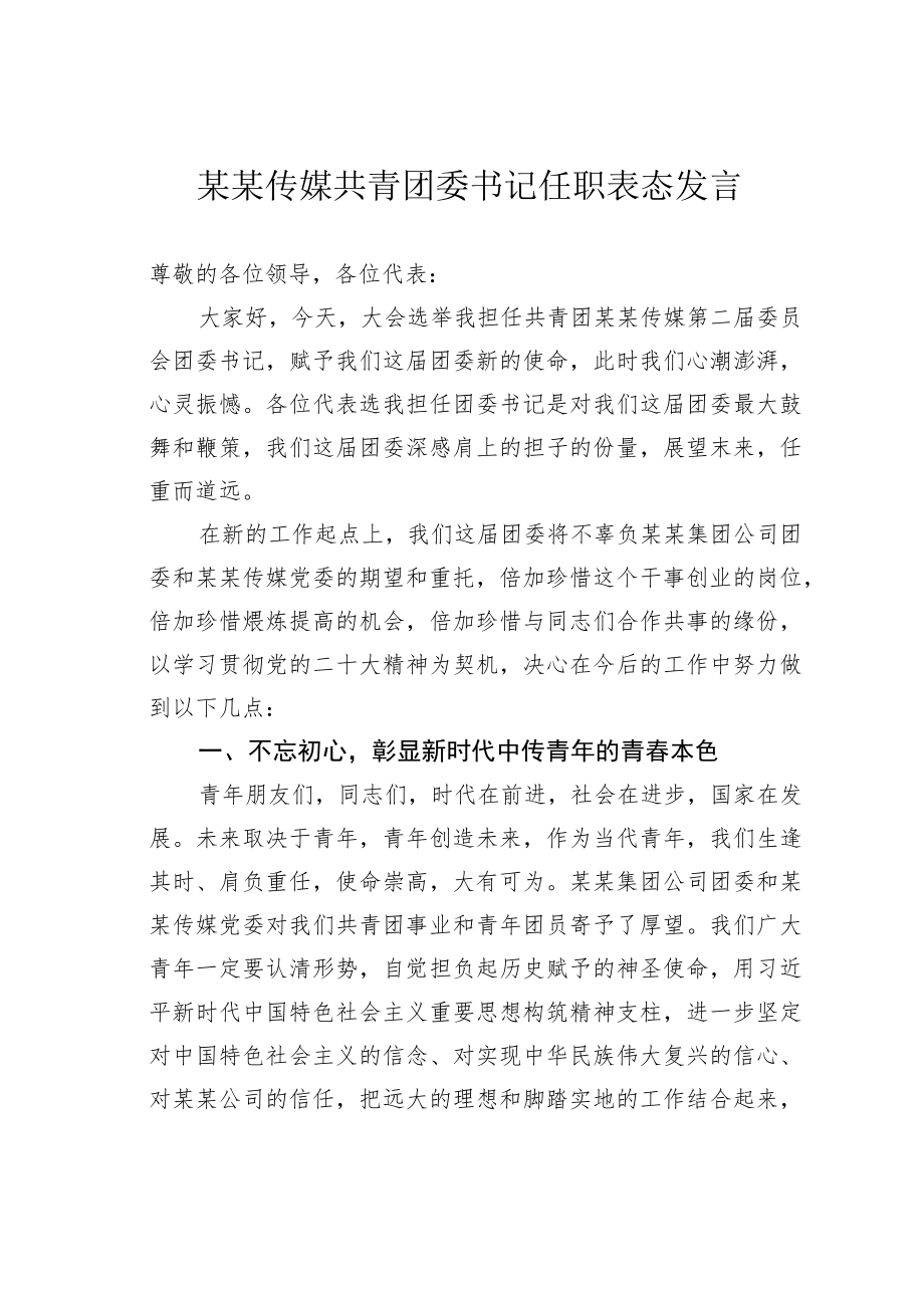 某某传媒共青团委书记任职表态发言.docx_第1页