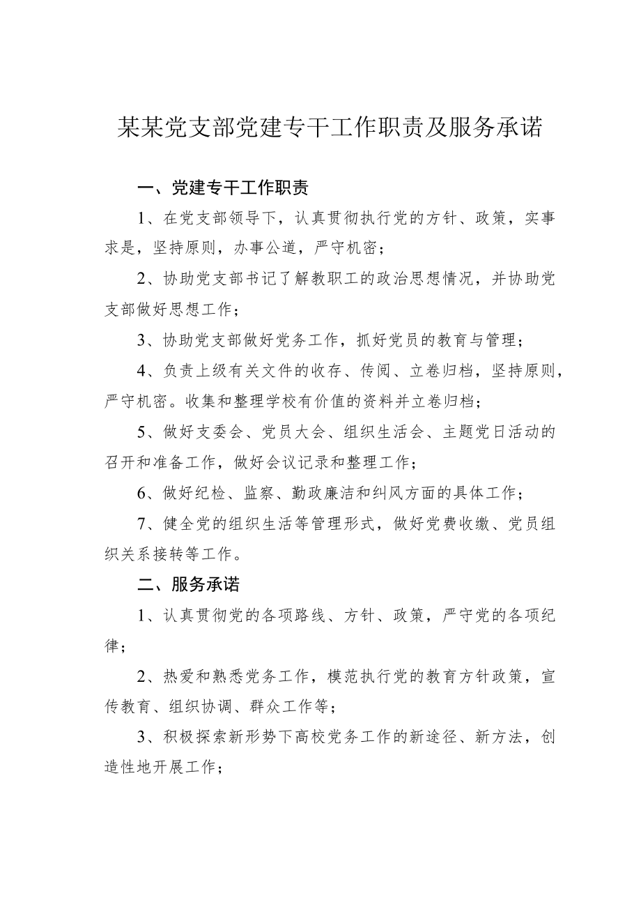 某某党支部党建专干工作职责及服务承诺.docx_第1页