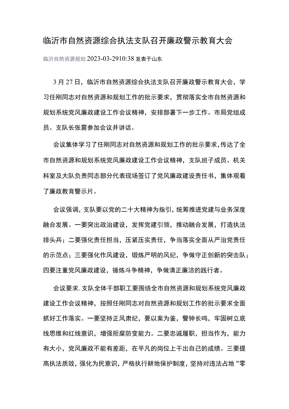 临沂市自然资源综合执法支队召开廉政警示教育大会.docx_第1页