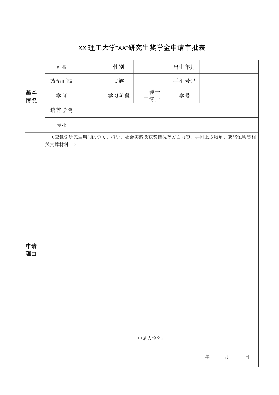 XX理工大学 “XX”研究生奖学金申请审批表.docx_第1页