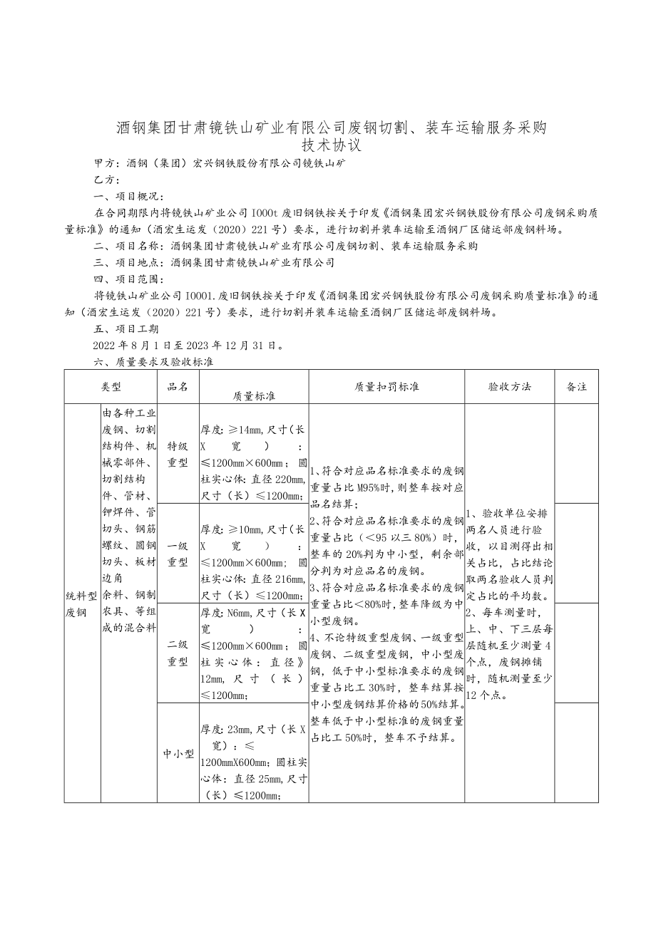 酒钢集团甘肃镜铁山矿业有限公司废钢切割、装车运输服务采购技术协议.docx_第1页