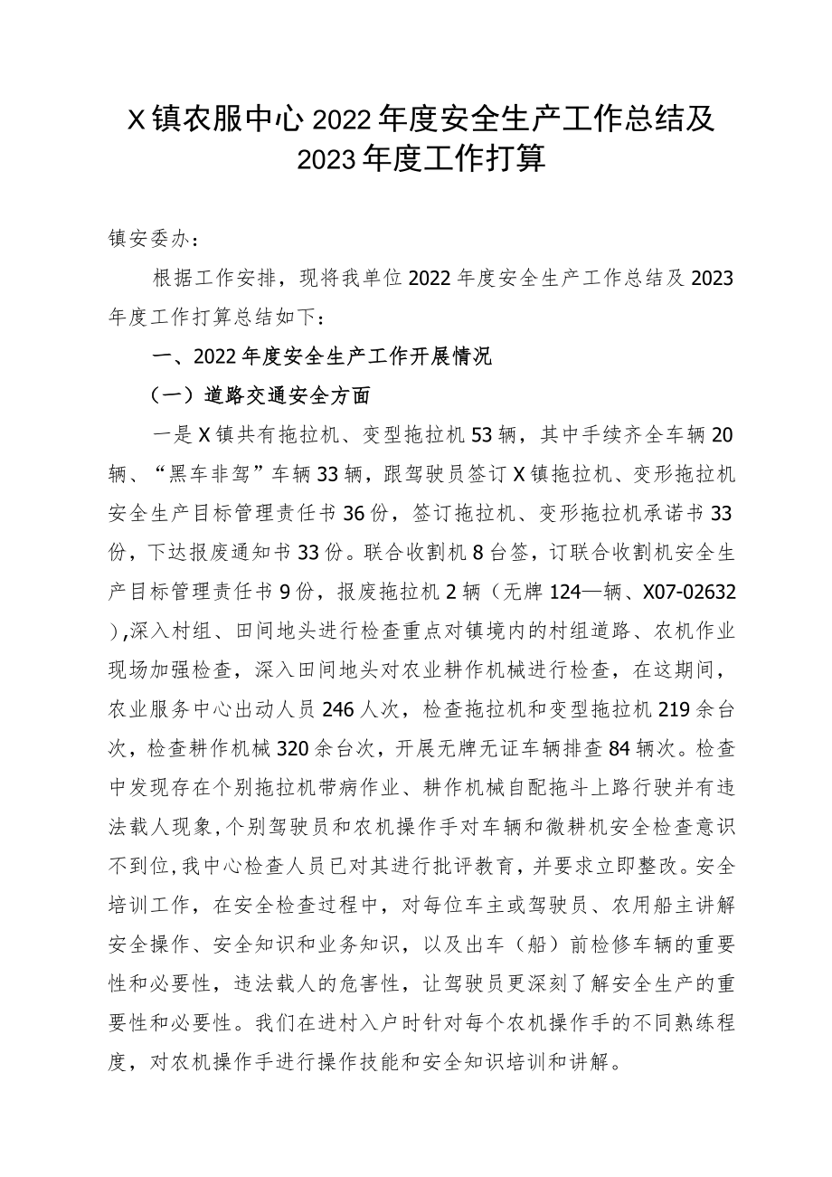 X镇农服中心2022年度安全生产工作总结及2023年度工作打算.docx_第1页