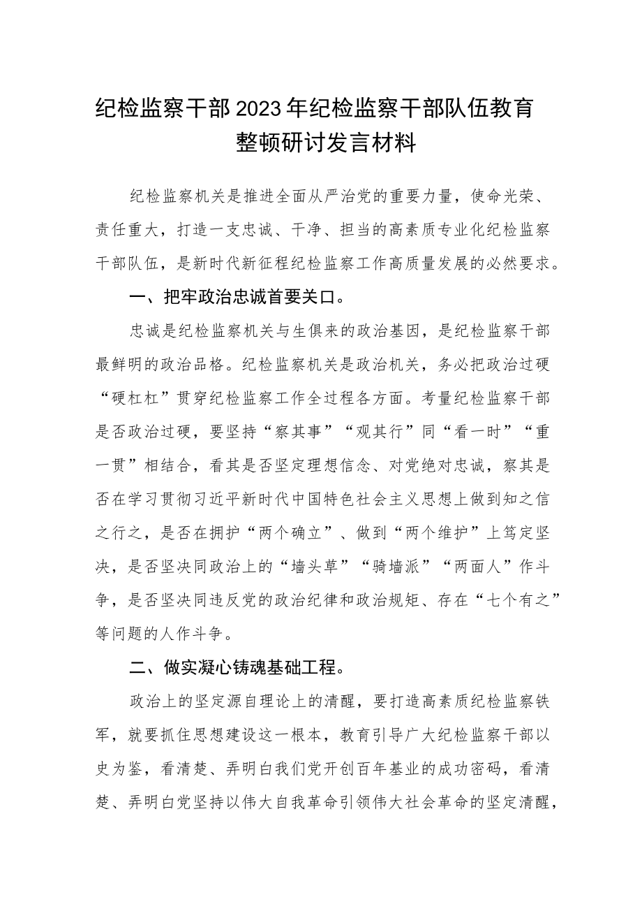 纪检监察干部2023年纪检监察干部队伍教育整顿研讨发言材料.docx_第1页