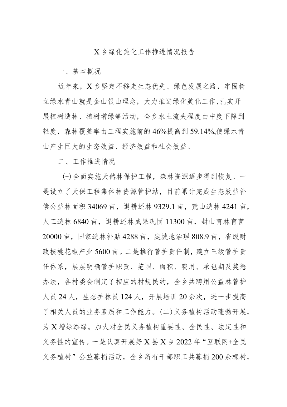 X乡绿化美化工作推进情况报告.docx_第1页