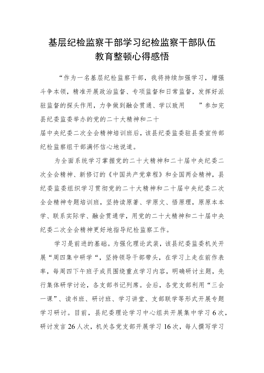 基层纪检监察干部学习纪检监察干部队伍教育整顿心得感悟.docx_第1页