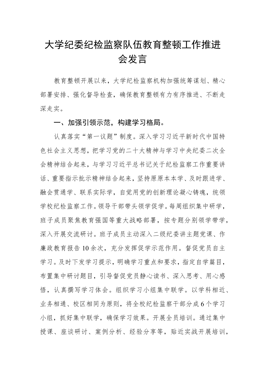 大学纪委纪检监察队伍教育整顿工作推进会发言.docx_第1页