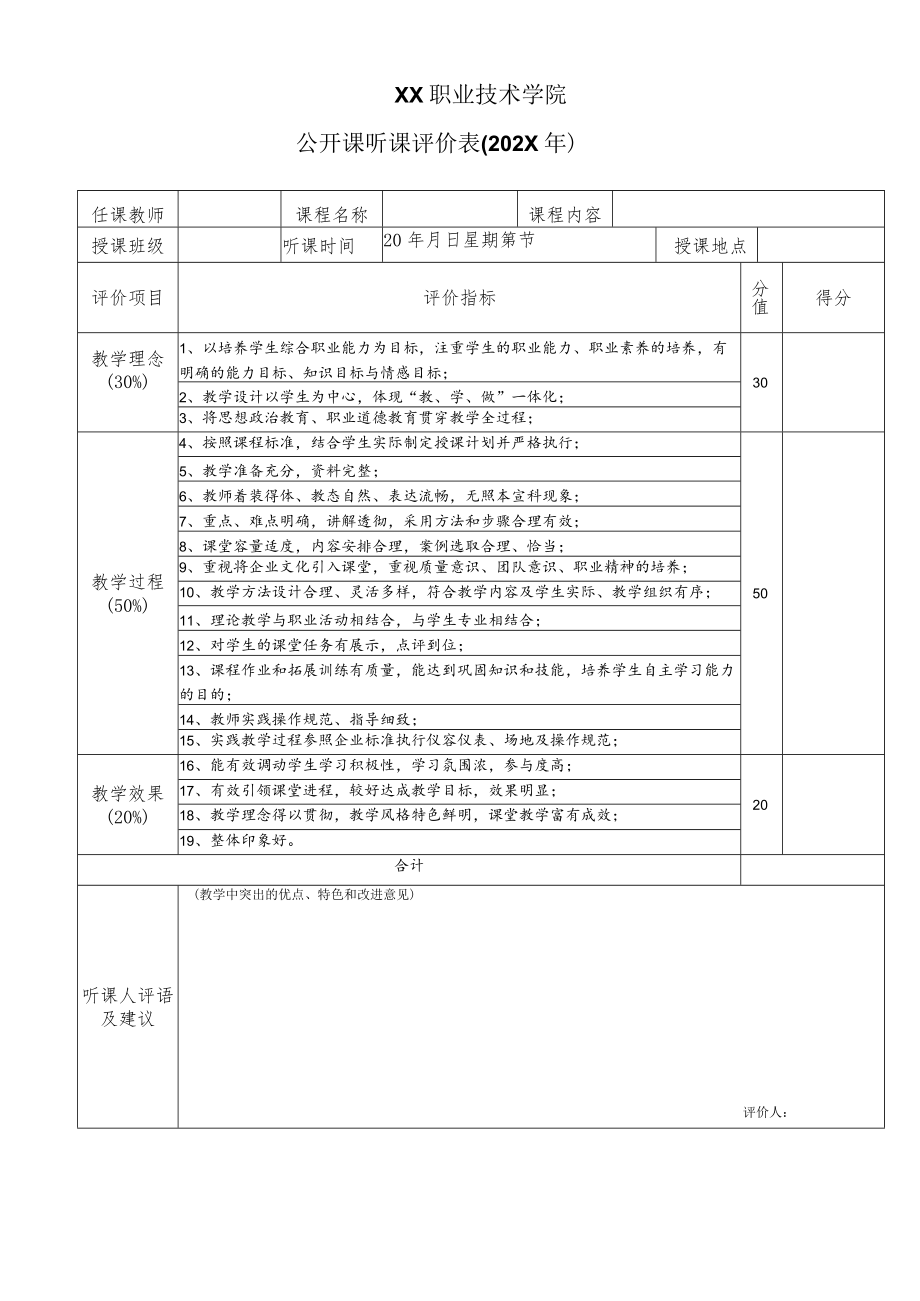 XX职业技术学院公开课听课评价表(202X年).docx_第1页