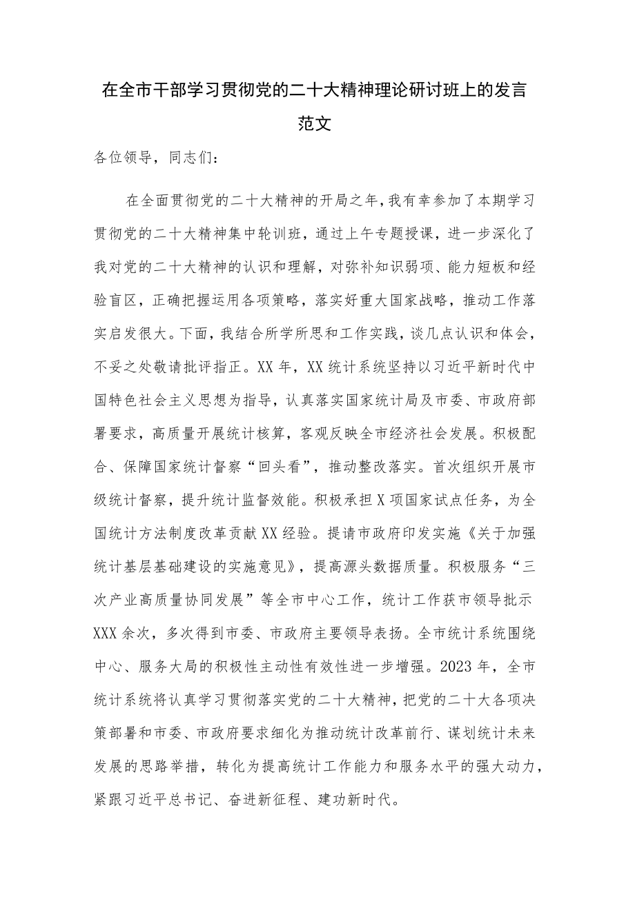 在全市干部学习贯彻党的二十大精神理论研讨班上的发言范文.docx_第1页