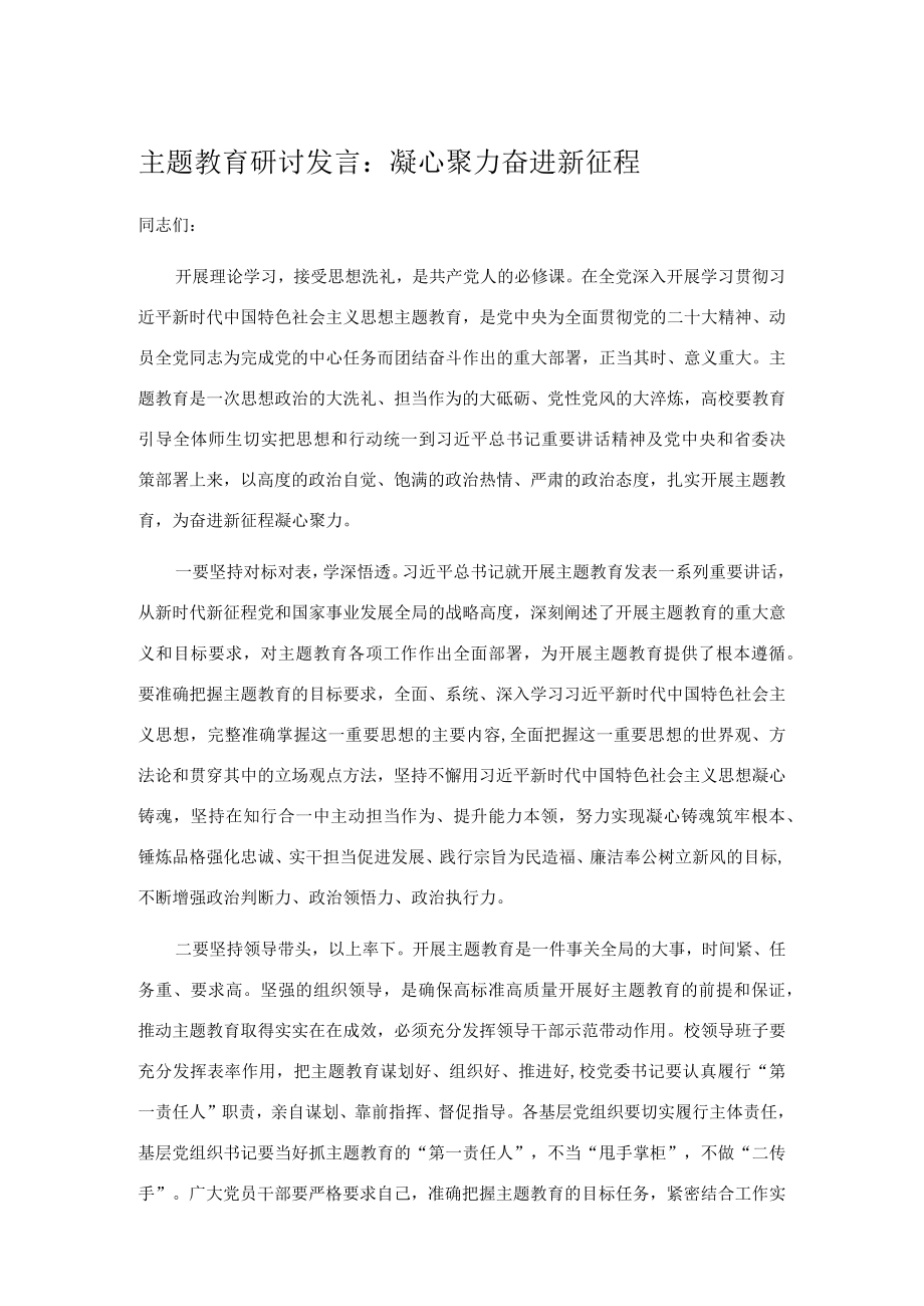 主题教育研讨发言：凝心聚力奋进新征程.docx_第1页