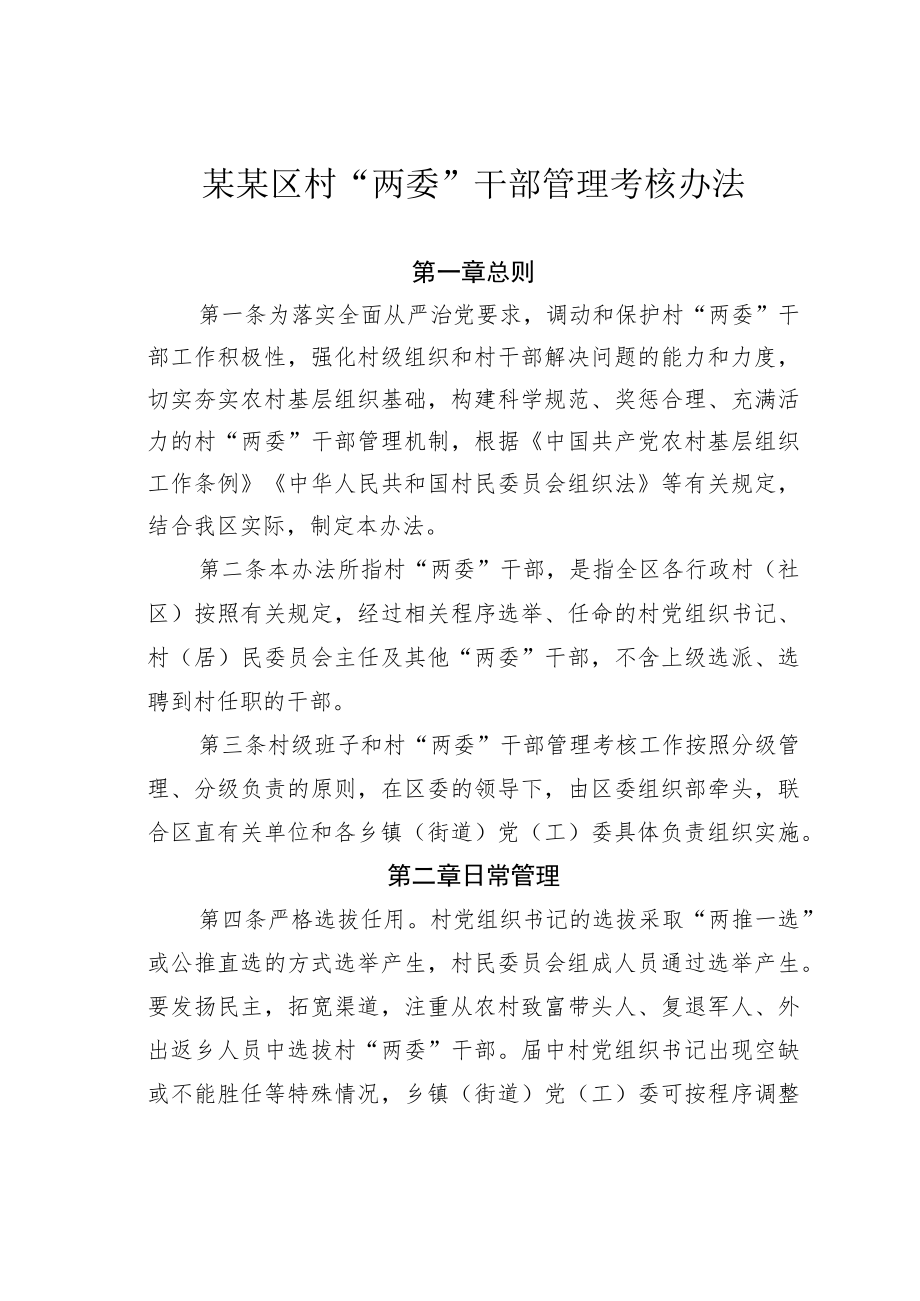 某某区村“两委”干部管理考核办法.docx_第1页