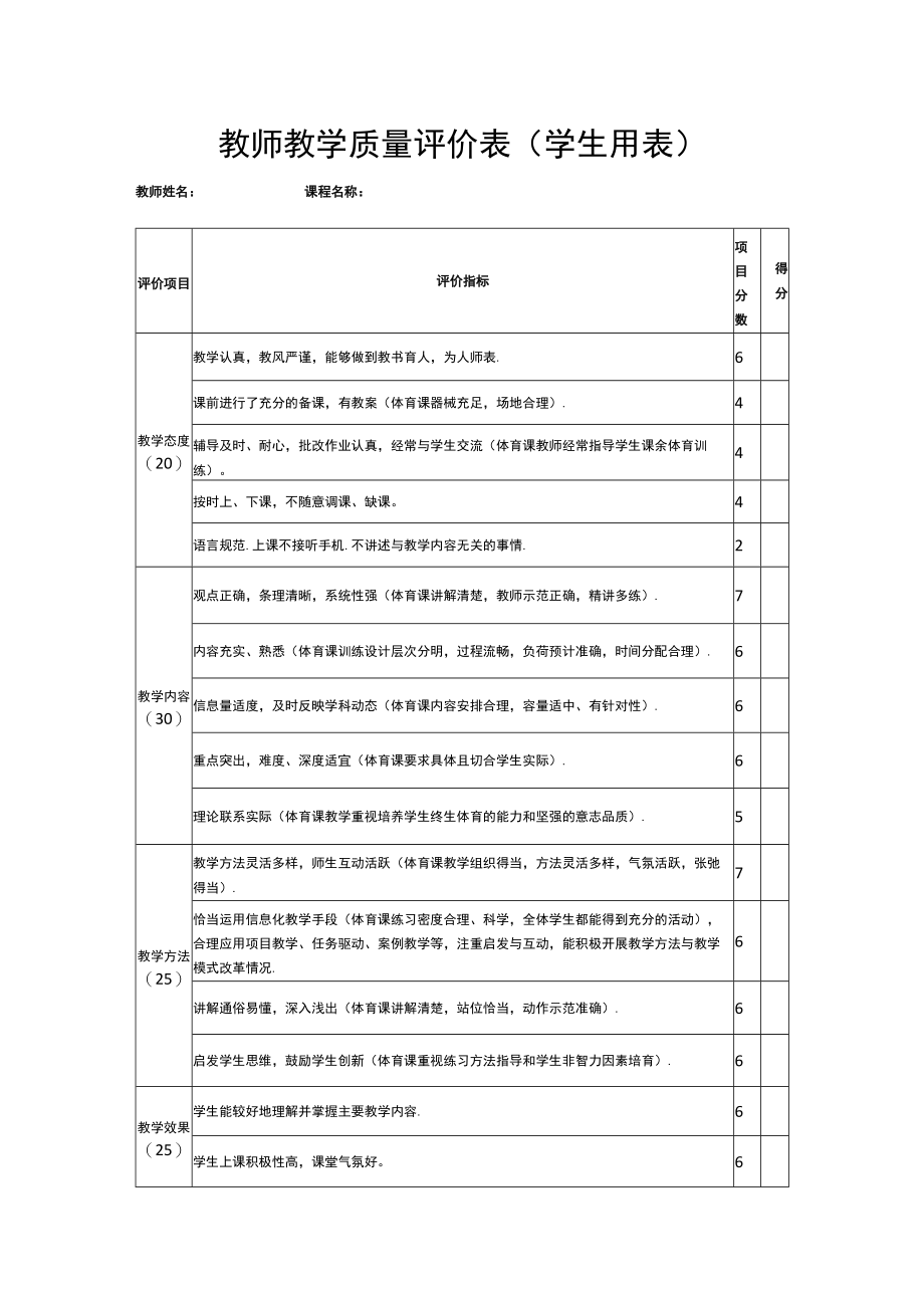 教师教学质量评价表（学生用表）.docx_第1页