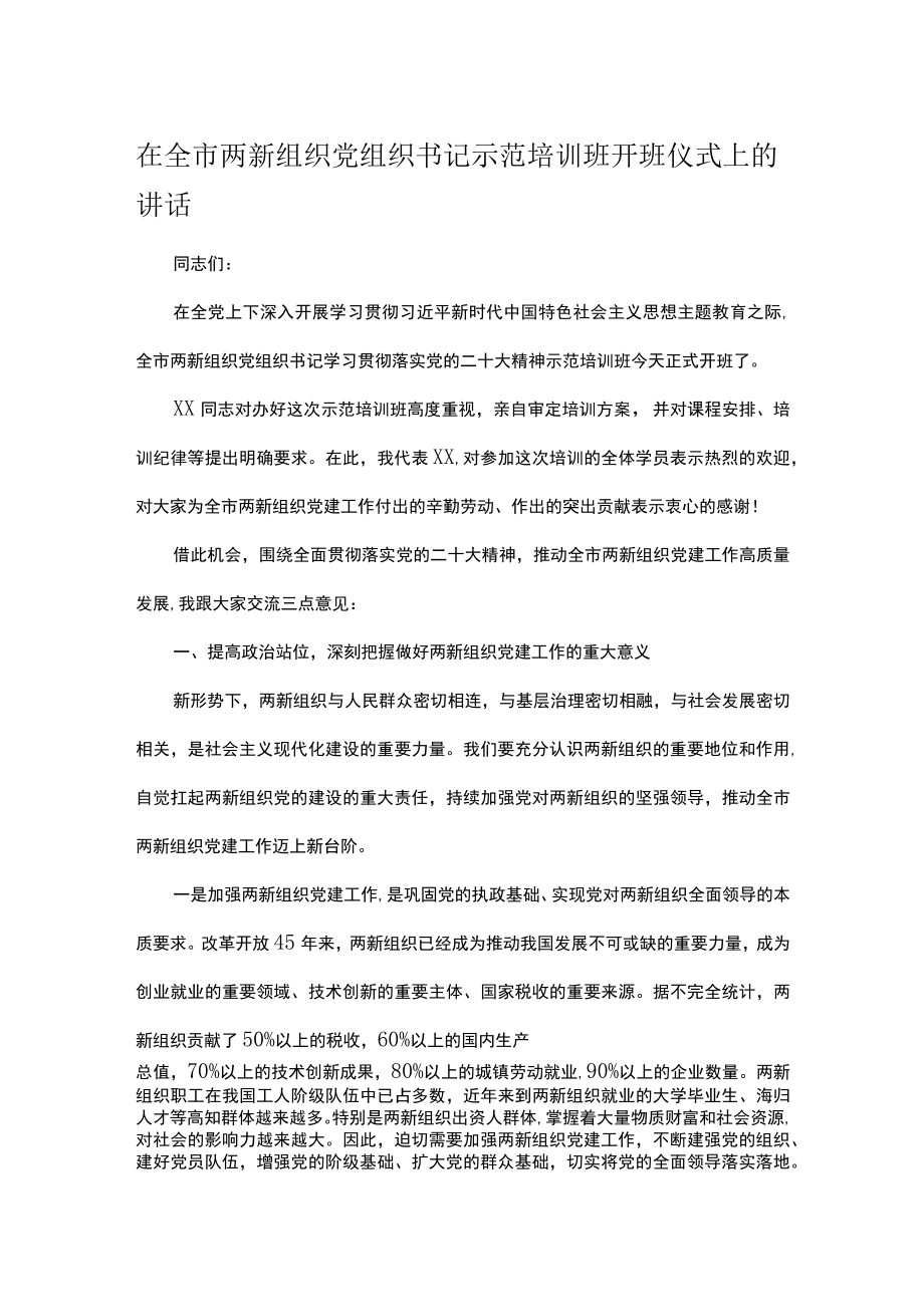 在全市两新组织党组织书记示范培训班开班仪式上的讲话.docx_第1页