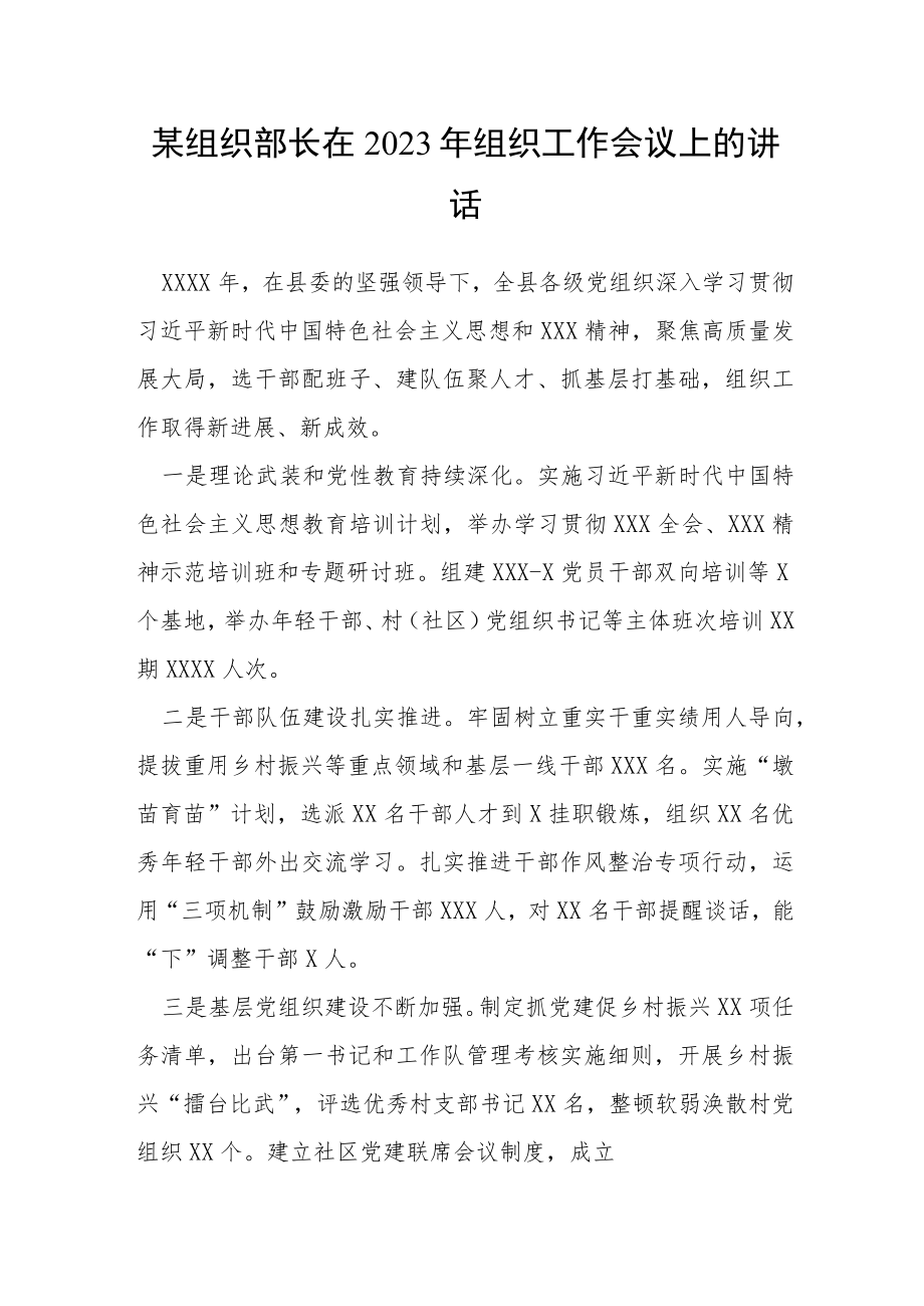 某组织部长在2023年组织工作会议上的讲话.docx_第1页