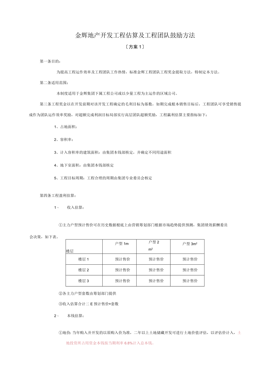 福建金辉房地产—金辉项目估算及项目团队激励办法（方案1）.docx_第1页