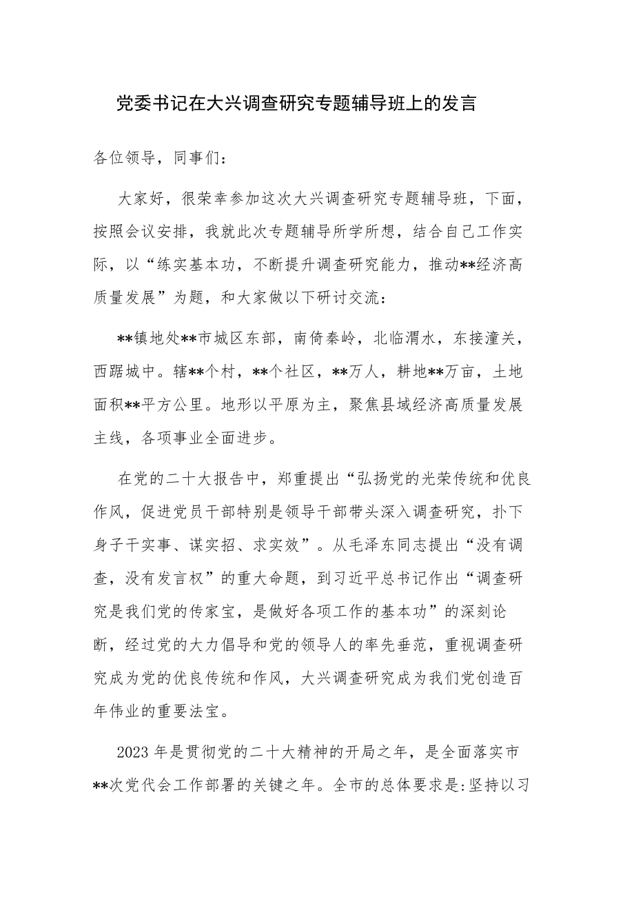 党委书记在大兴调查研究专题辅导班上的发言讲话提纲范文.docx_第1页