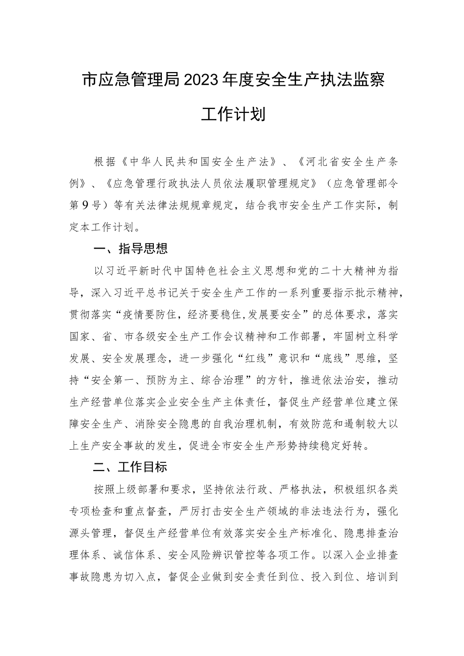 市应急管理局2023年度安全生产执法监察工作计划.docx_第1页