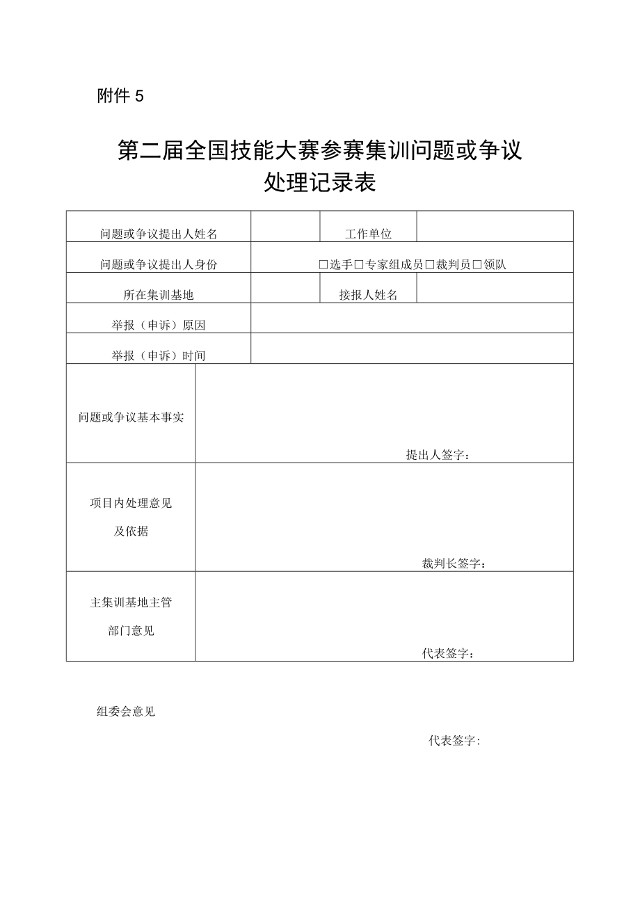 第二届全国技能大赛参赛集训问题或争议处理记录表.docx_第1页