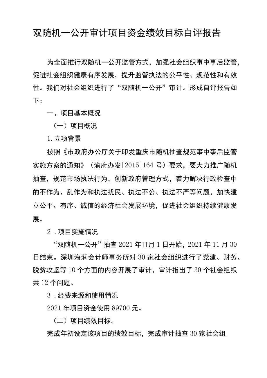 双随机一公开审计项目资金绩效目标自评报告.docx_第1页