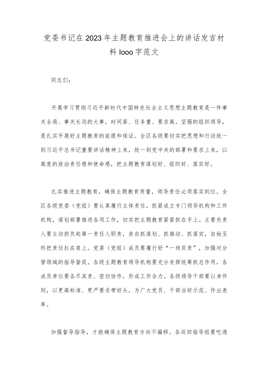 党委书记在2023年主题教育推进会上的讲话发言材料1000字范文.docx_第1页