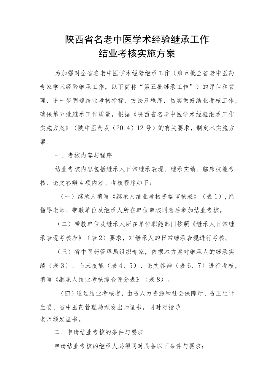 陕西省名老中医学术经验继承工作结业考核实施方案.docx_第1页