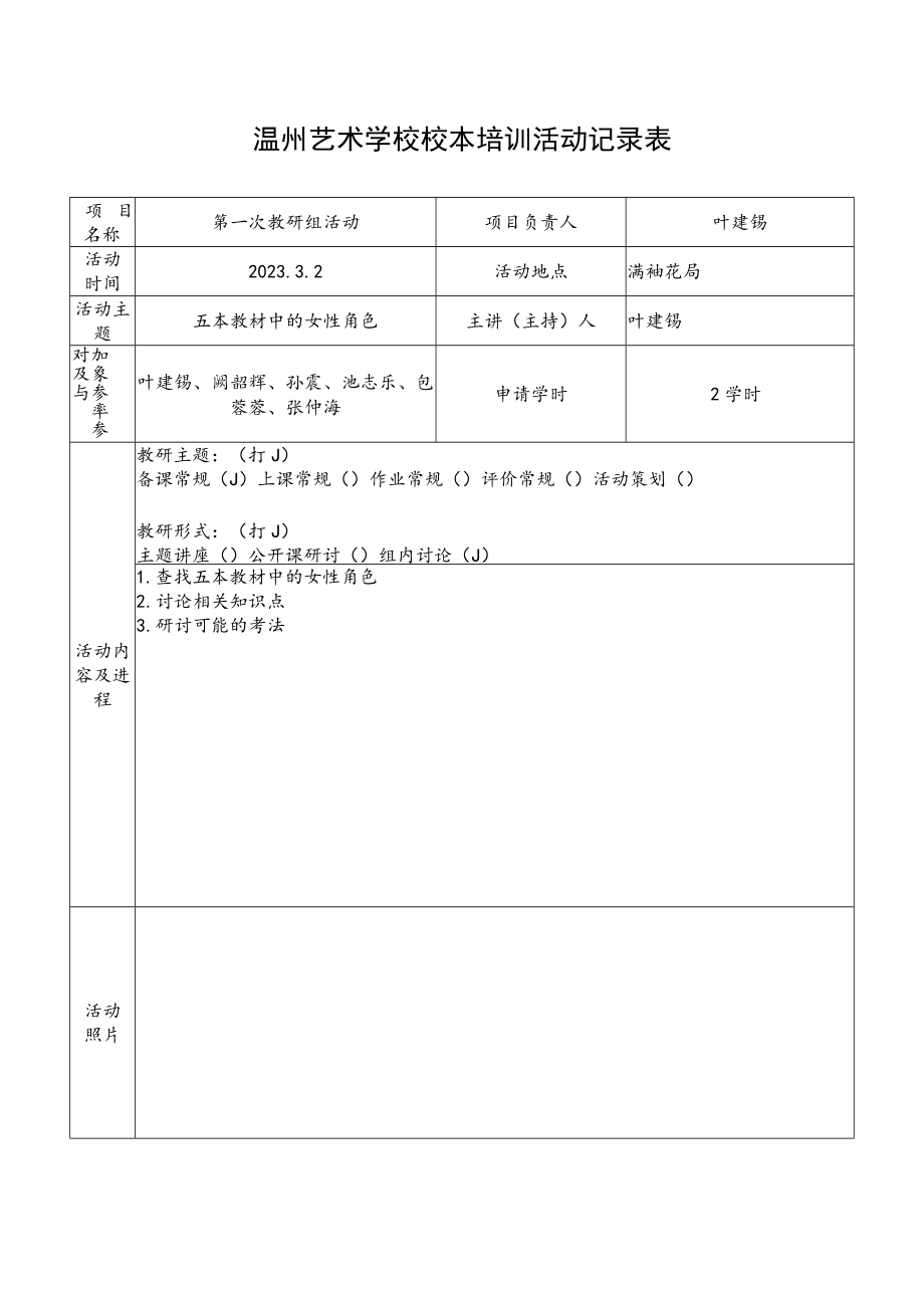 温州艺术学校校本培训活动记录表.docx_第1页