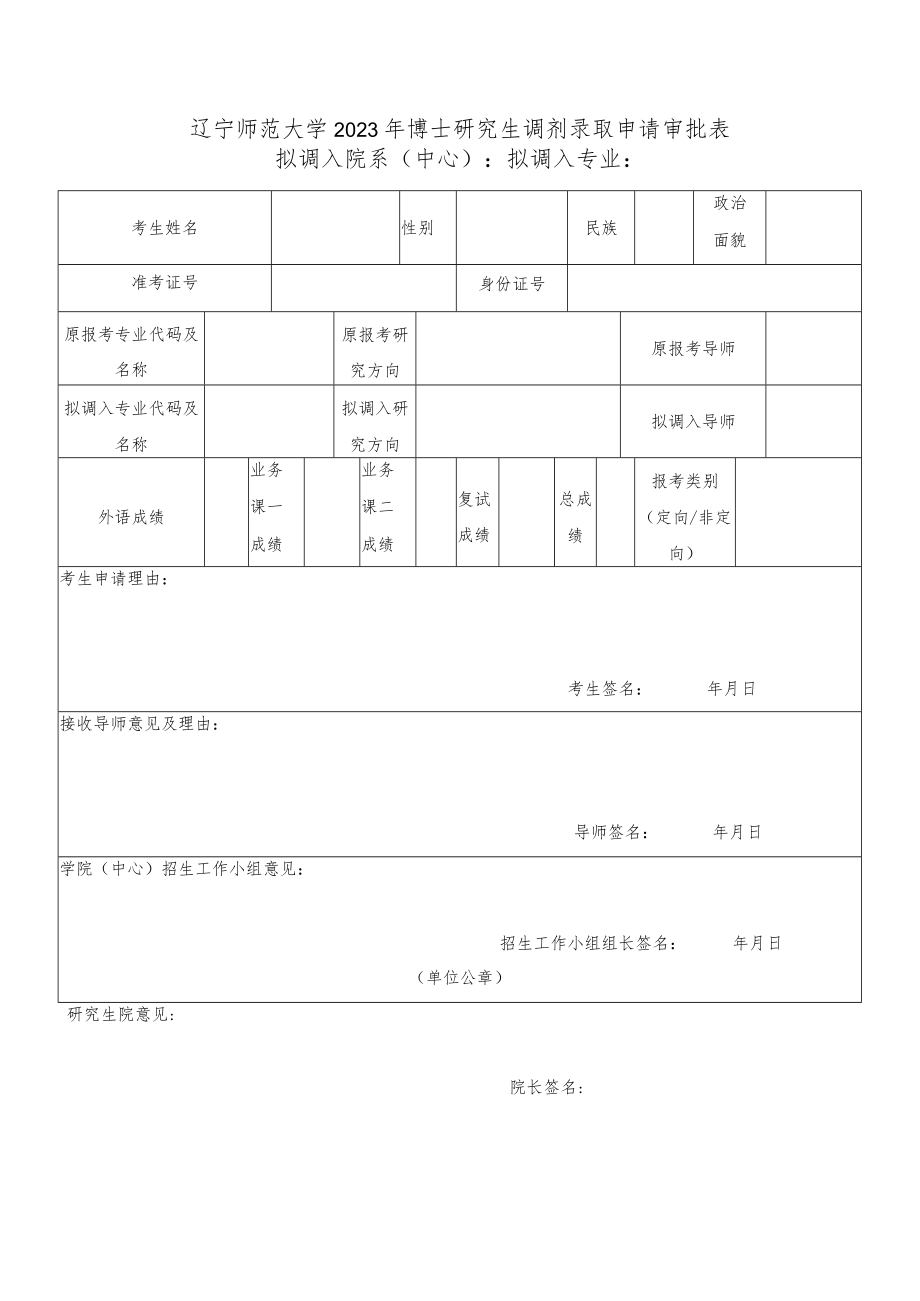 辽宁师范大学2023年博士研究生调剂录取申请审批表拟调入院系中心拟调入专业.docx_第1页