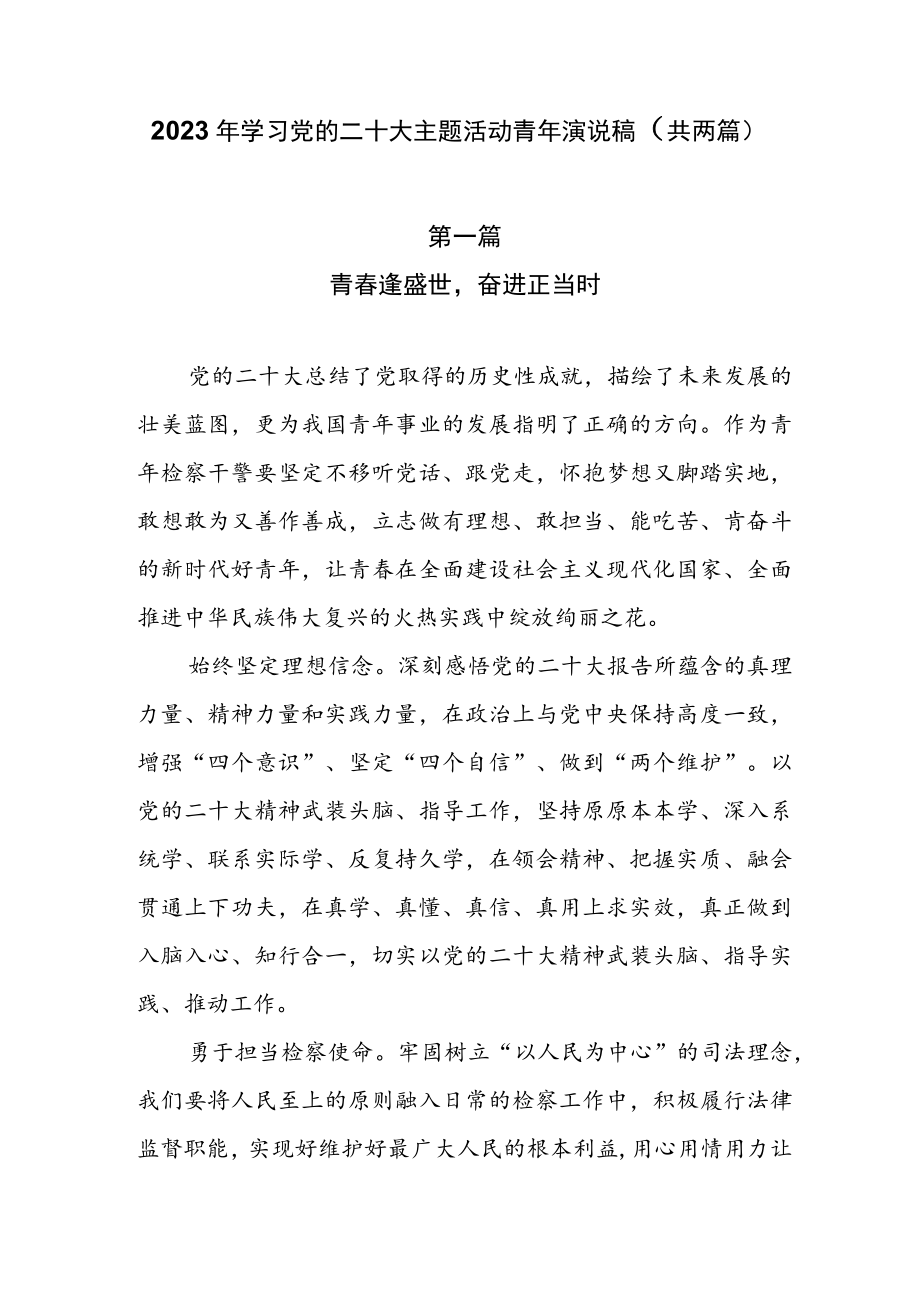 2023年学习党的二十大主题活动青年演说稿（共两篇）.docx_第1页