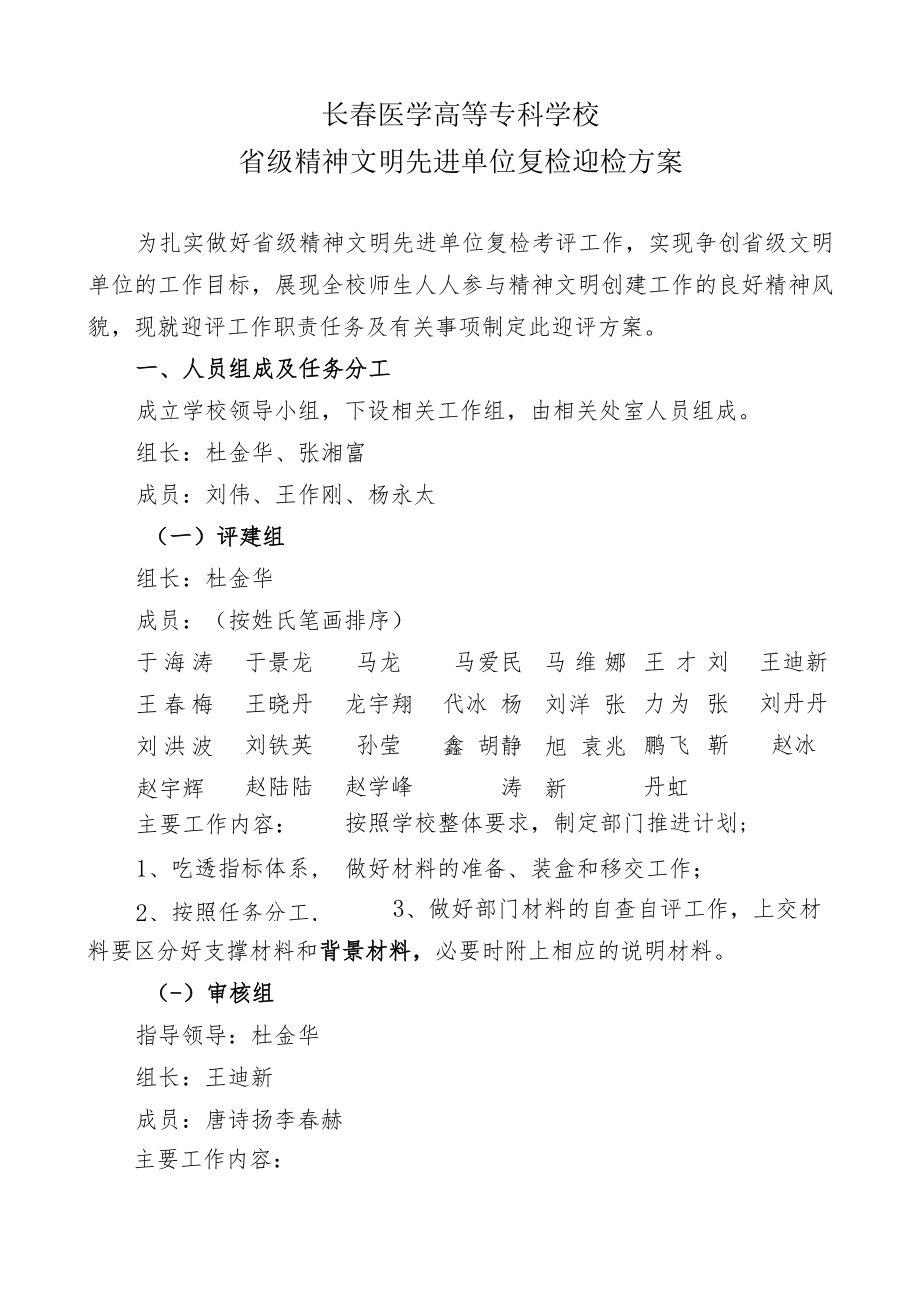 长春医学高等专科学校省级精神文明先进单位复检迎检方案.docx_第1页