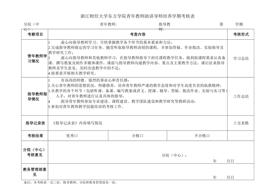 浙江财经大学东方学院青年教师助讲导师培养学期考核表.docx_第1页