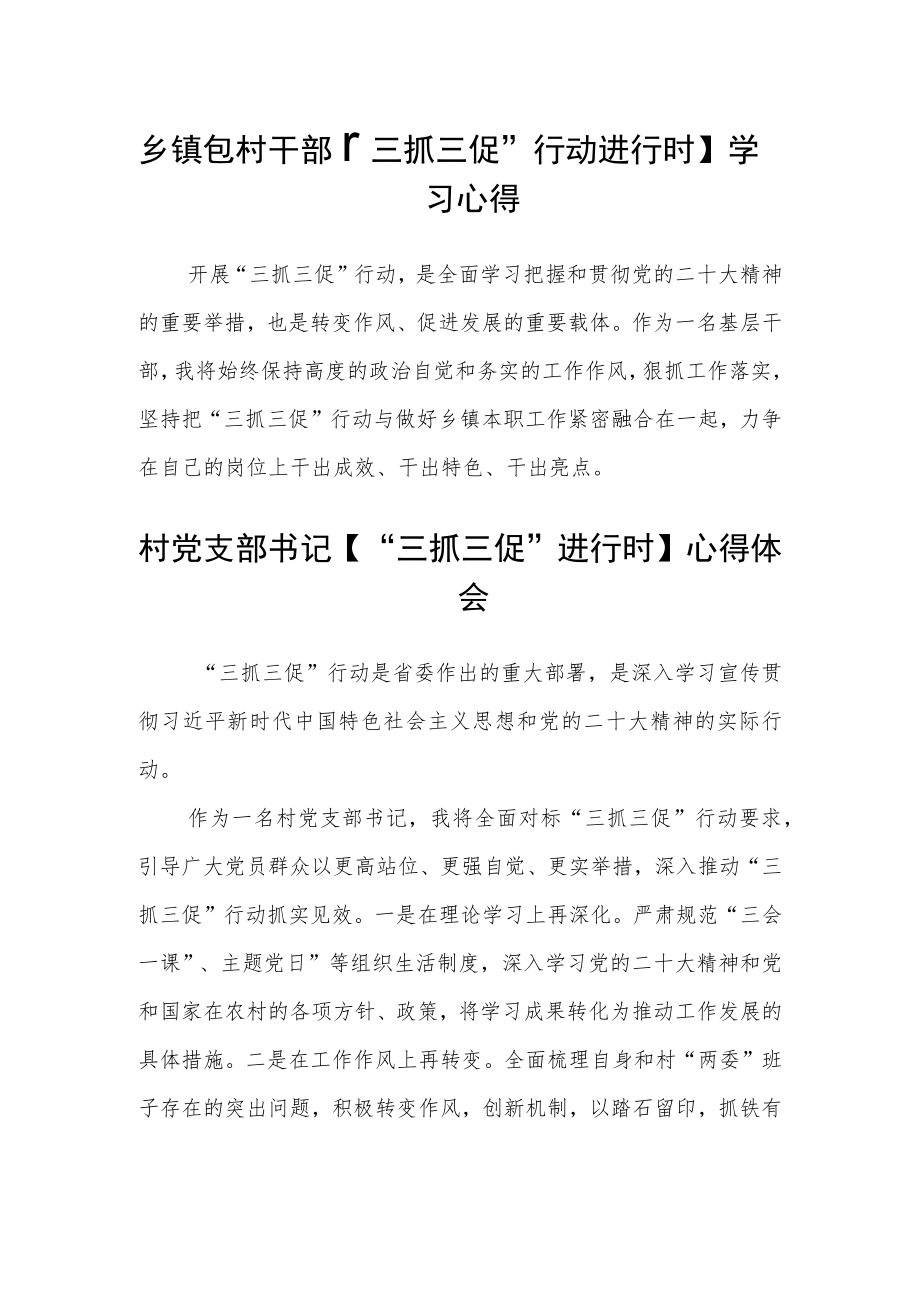 乡镇包村干部【“三抓三促”行动进行时】学习心得范文(3篇).docx_第1页