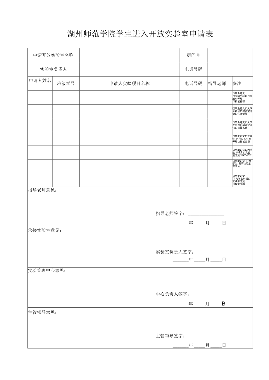 湖州师范学院学生进入开放实验室申请表.docx_第1页