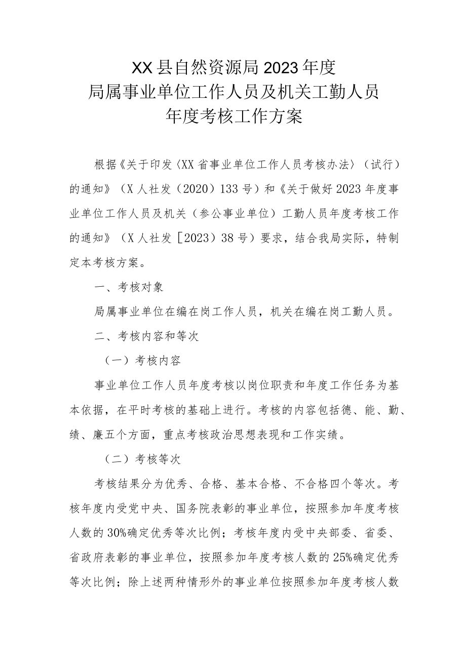 XX县自然资源局2023年度局属事业单位工作人员及机关工勤人员年度考核工作方案.docx_第1页