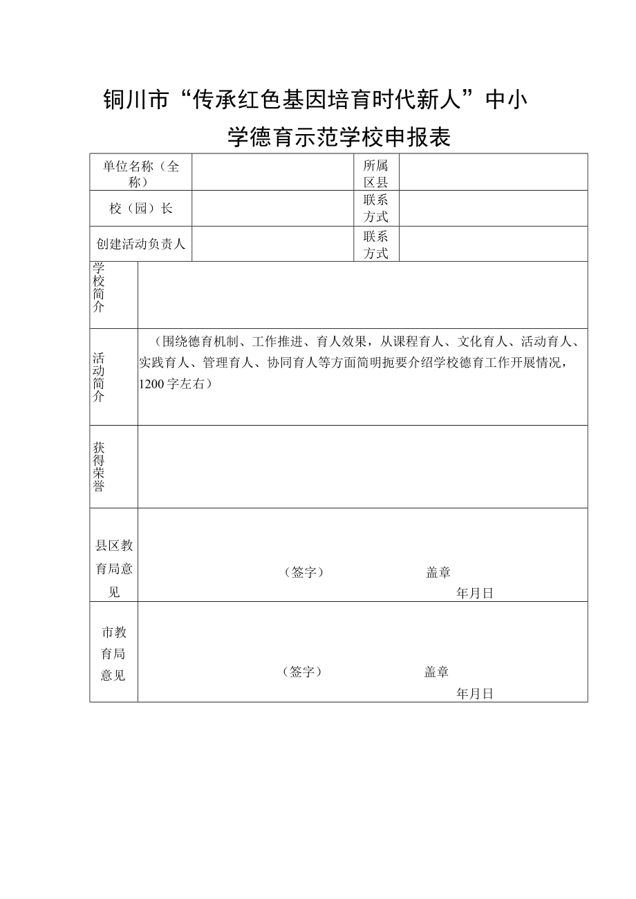 铜川市“传承红色基因培育时代新人”中小学德育示范学校申报表.docx_第1页