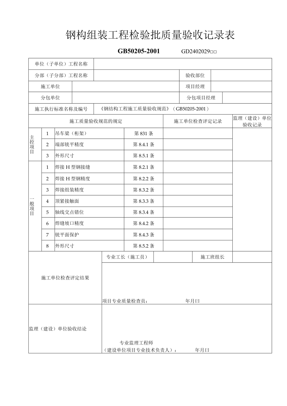 钢构组装工程检验批质量验收记录表工程文档范本.docx_第1页