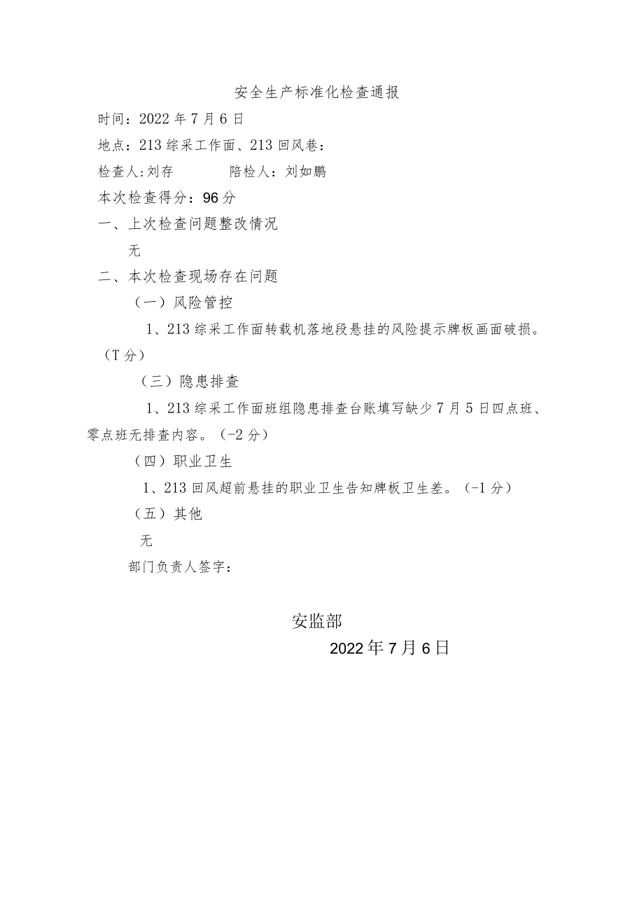 7月6日213综采工作面标准化检查通报l刘存.docx_第1页