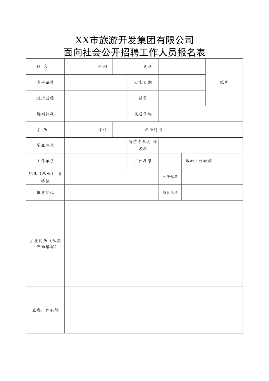 XX市旅游开发集团有限公司面向社会公开招聘工作人员报名表.docx_第1页