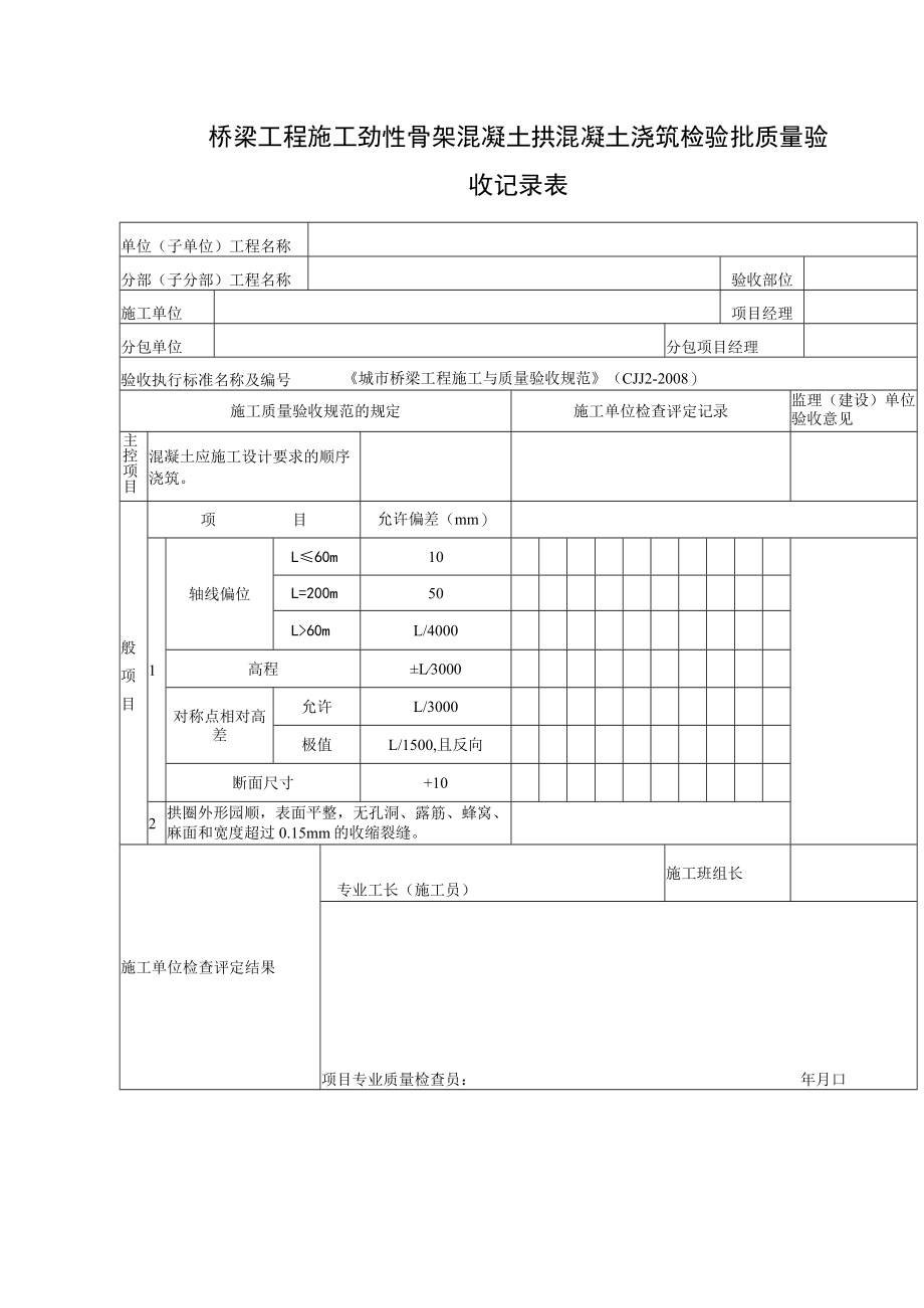 桥梁工程施工劲性骨架混凝土拱混凝土浇筑检验批质量验收记录表.docx_第1页